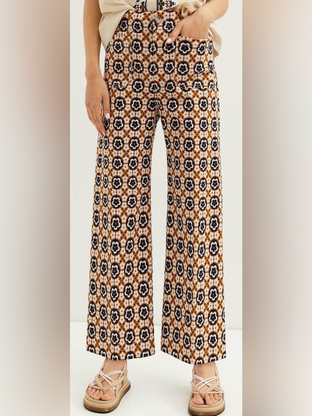 Anthropologie Maeve Colette Brown Floral Tile Wide-Leg Pants 32P